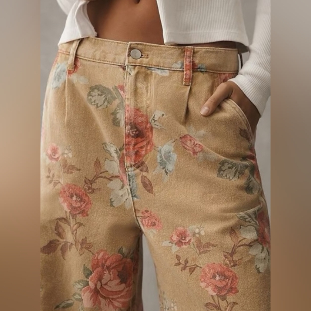 Anthropologie High-Rise Wide Leg Floral Jeans — Tan with Pink & Blue Flowers - Picture 10 of 10